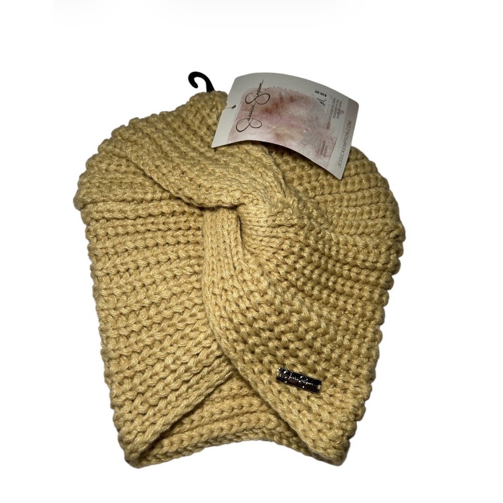 Jessica Simpson Beanie Turban Knit Hat Womens OS Tan Ruched Cap NWT NEW MSRP $30